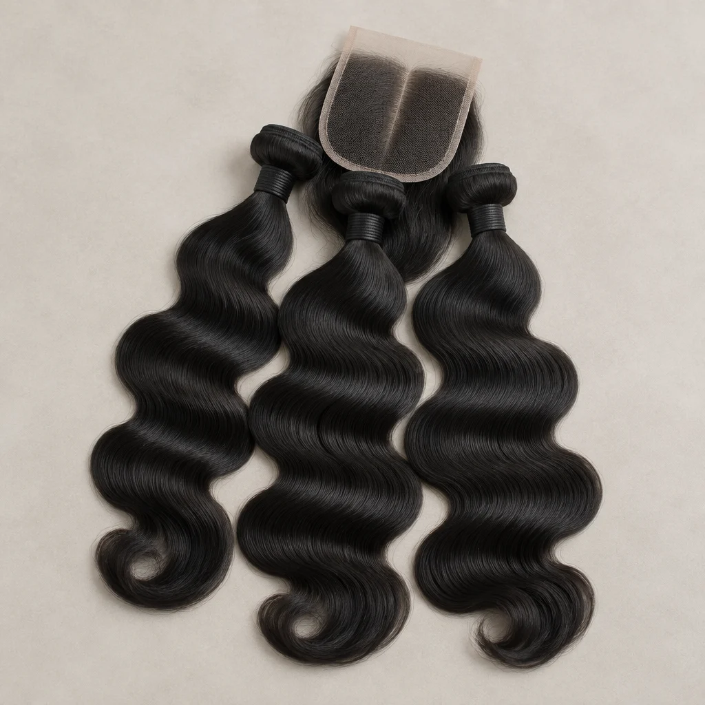Body wave natural black human hair bundles with a 4x4 lace closure