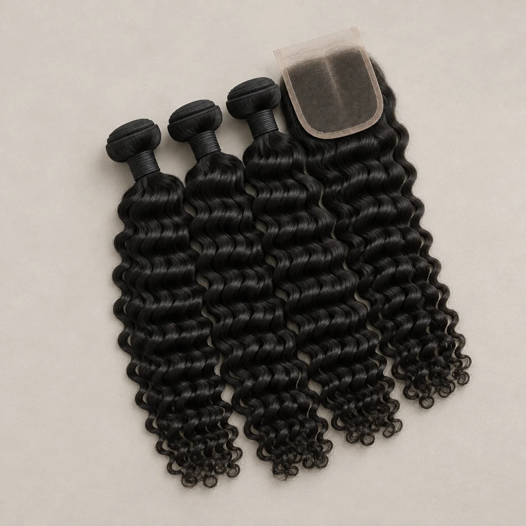 Deep wave natural black human hair bundles with a 4x4 lace closure