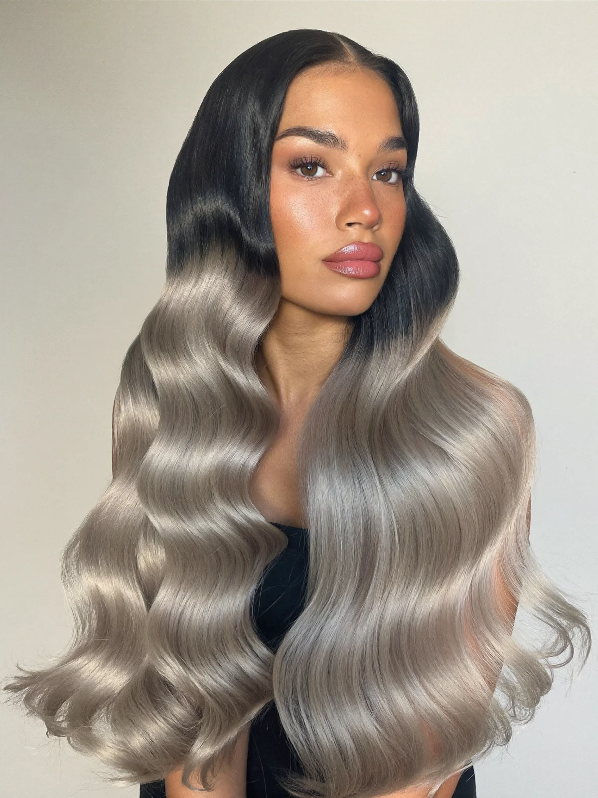 Melina black to silver grey ombre body wave human hair wig