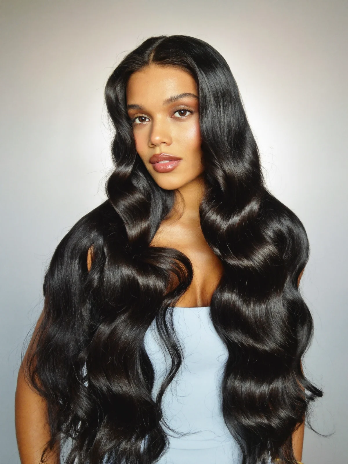 Samantha long jet black body wave human hair wig