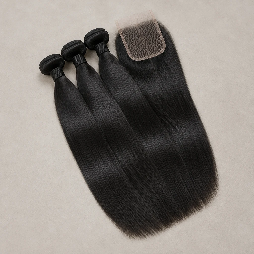 Straight natural black human hair bundles with a 4x4 lace closure