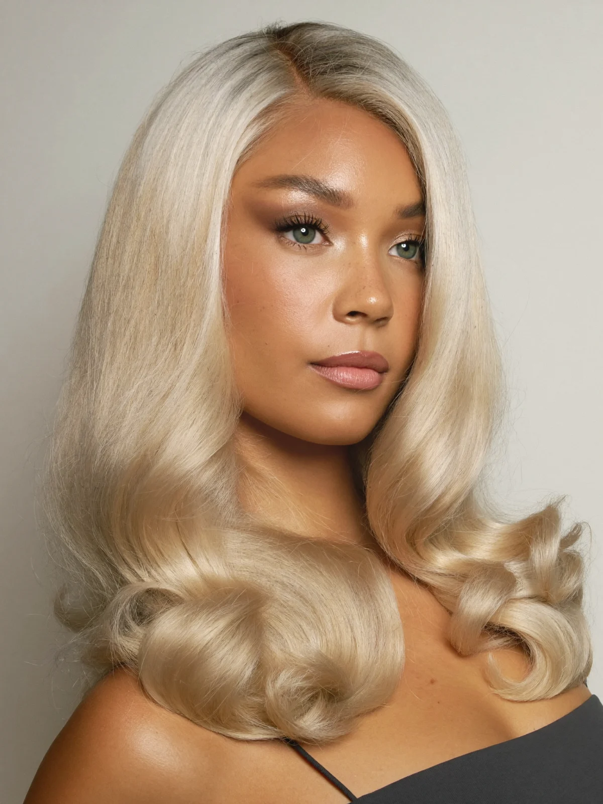 Victoria platinum blonde blowout human hair wig with dark root