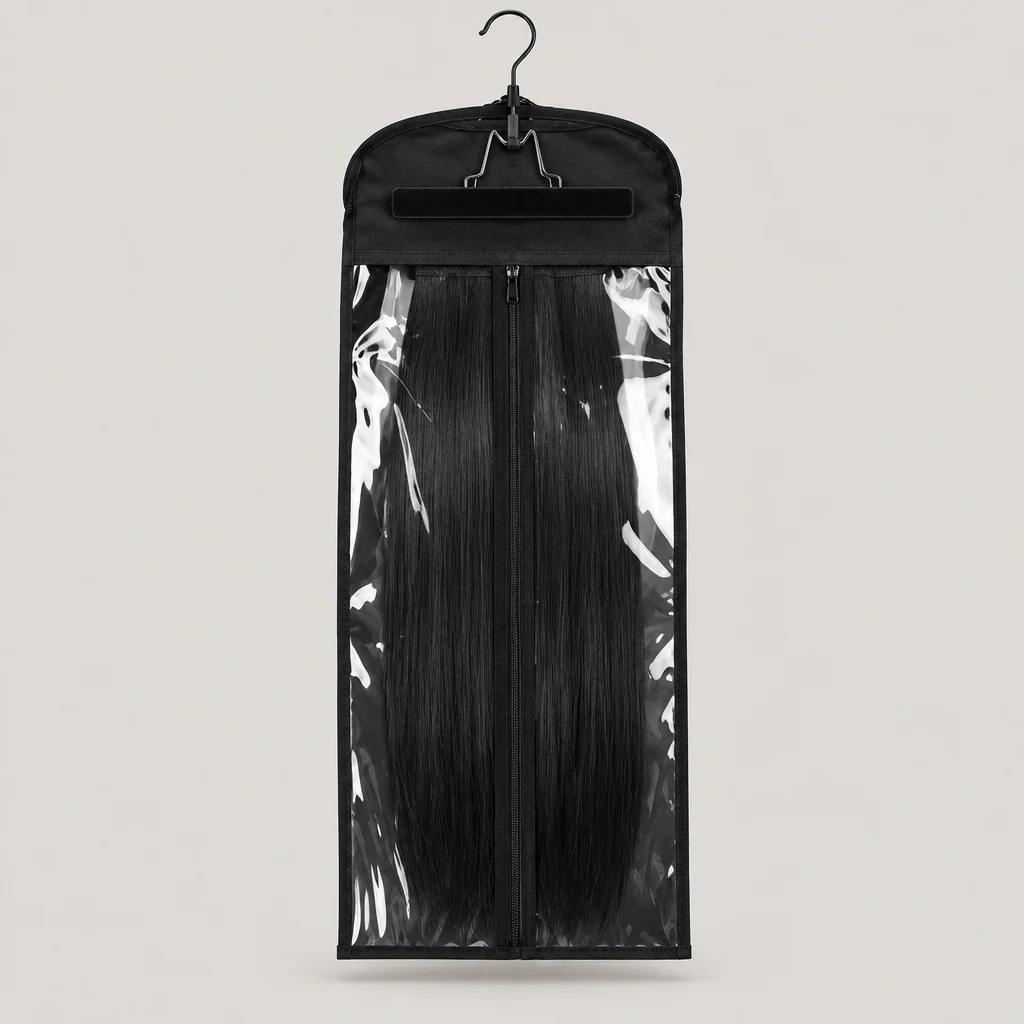 Clear zip wig and extension travel bag with hanger